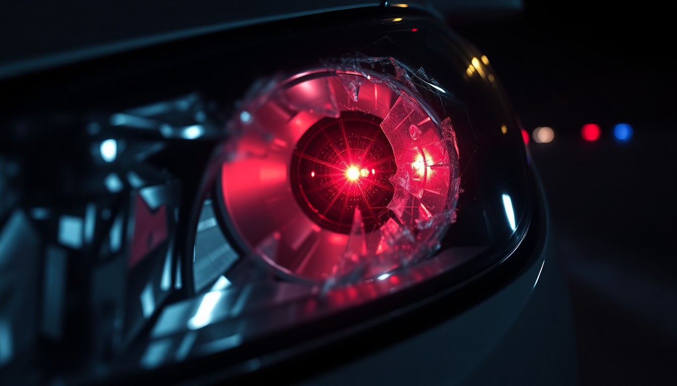 An extreme close-up photograph of a shattered car headlight lens reflecting a faint red emergency light, conceptually illustrating the aftermath of a collision between a vehicle and a law enforcement patrol car.