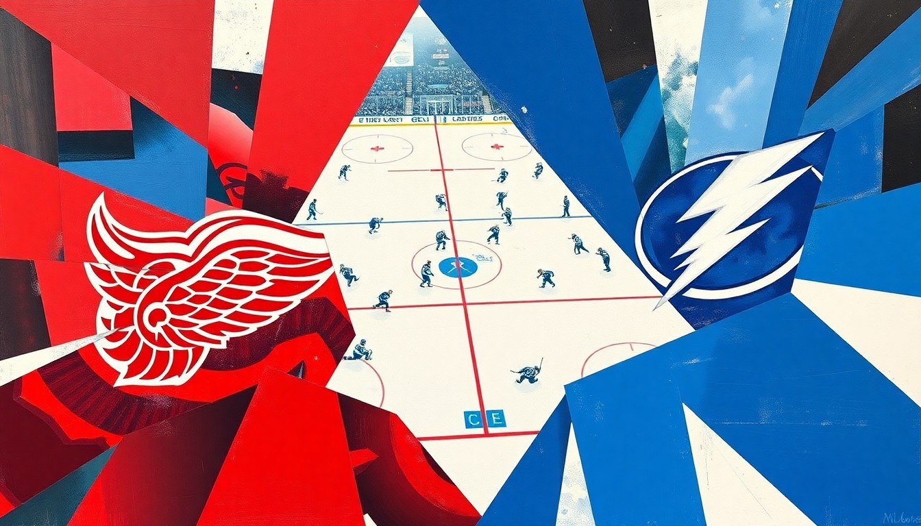 A fractured, cubist-style painting depicting a hockey game between the Tampa Bay Lightning and Detroit Red Wings, with the players and action broken down into sharp, overlapping geometric shapes in vibrant blues, reds, and whites, conceptually representing the different stakes for the two teams in this final regular-season matchup.