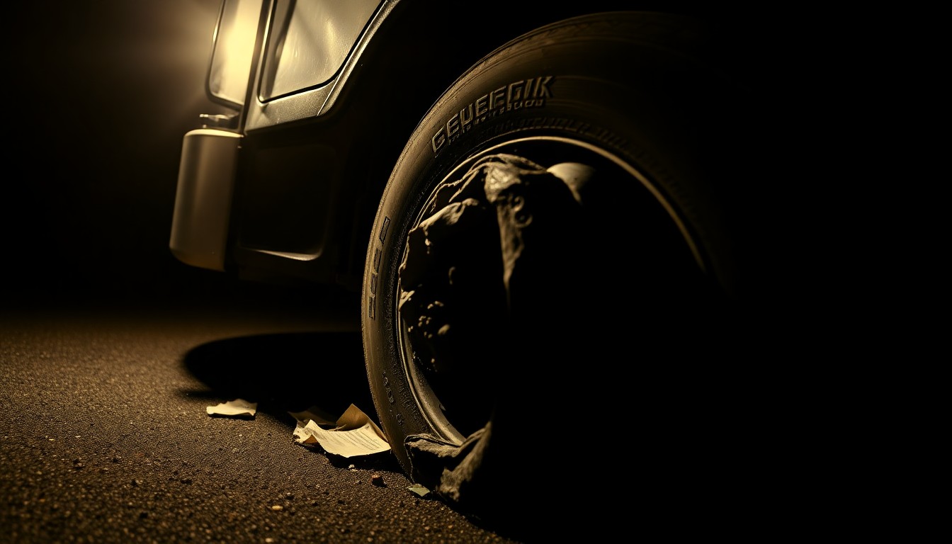 An extreme close-up photograph of a damaged semi-truck tire, conceptually illustrating the aftermath of a serious accident on the highway.
