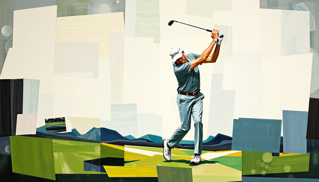 A cubist, geometric painting depicting a golfer's swing broken down into overlapping angular shapes and planes, conveying the dynamic motion and energy of the sport.
