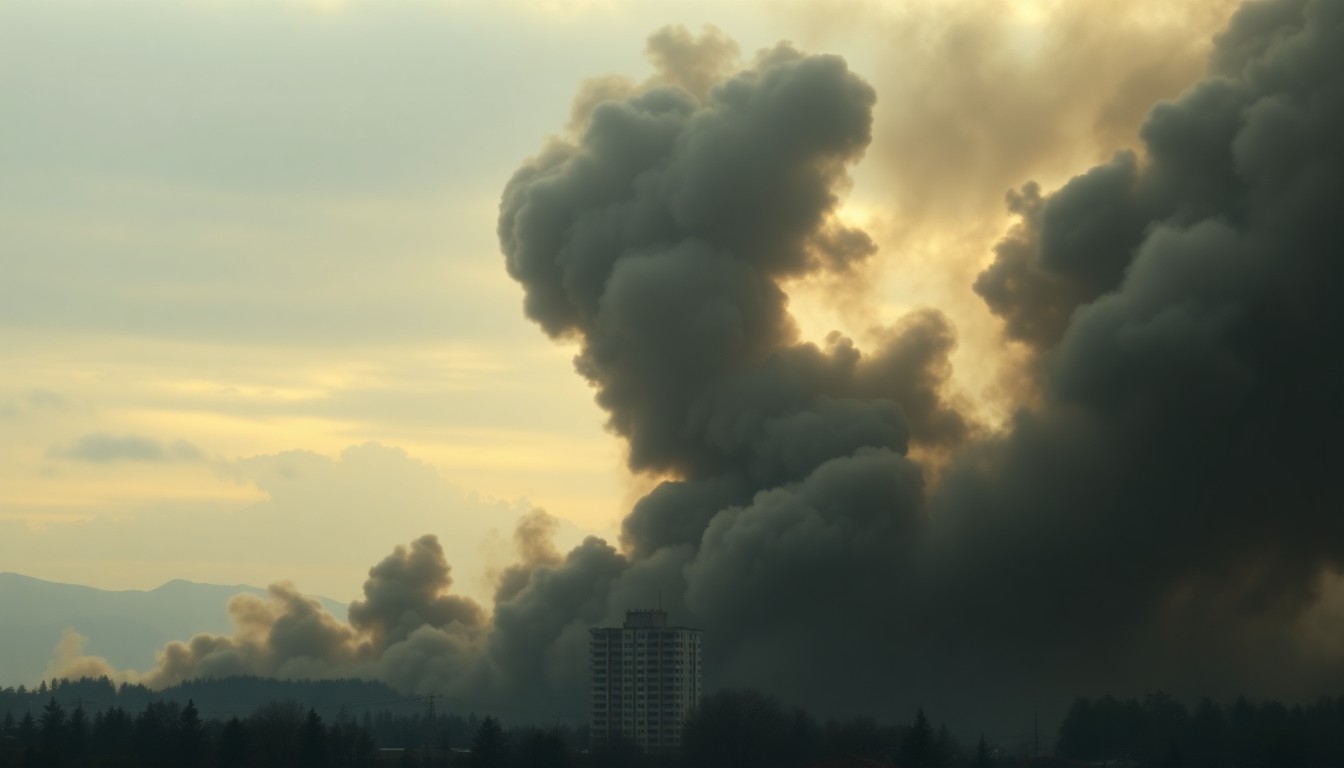 A vast, atmospheric landscape painting depicting a massive plume of dark smoke billowing up into a hazy, overcast sky, dwarfing the silhouetted outline of an apartment building in the distance, conveying the overwhelming power of a fire emergency.