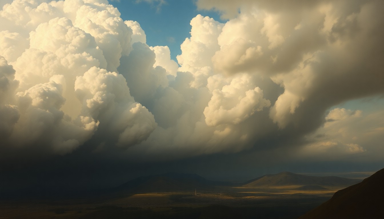 A vast, atmospheric landscape painting featuring a dramatic, stormy sky filled with heavy, ominous clouds that dwarf a small town or rural scene below, conveying the overwhelming scale and sublime power of extreme weather conditions.