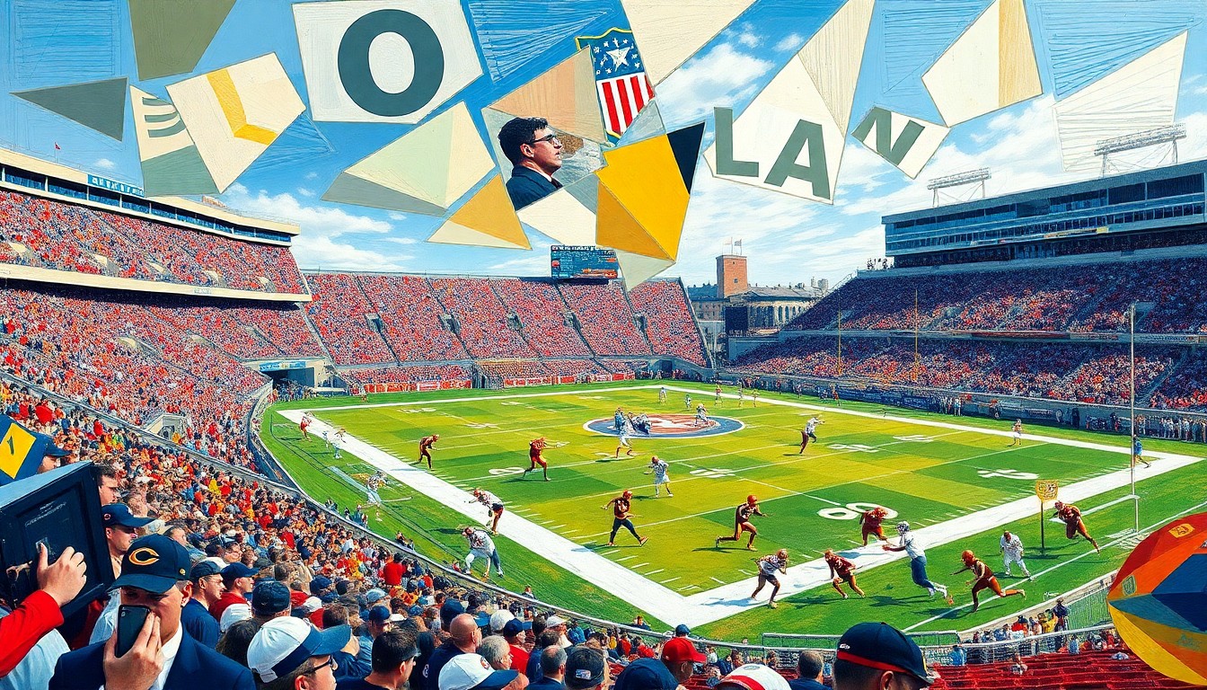 A cubist, geometric painting depicting a college football game, with players, the field, and the stadium environment broken down into sharp, overlapping planes of color and shape, capturing the dynamic energy and strategic complexity of the sport.