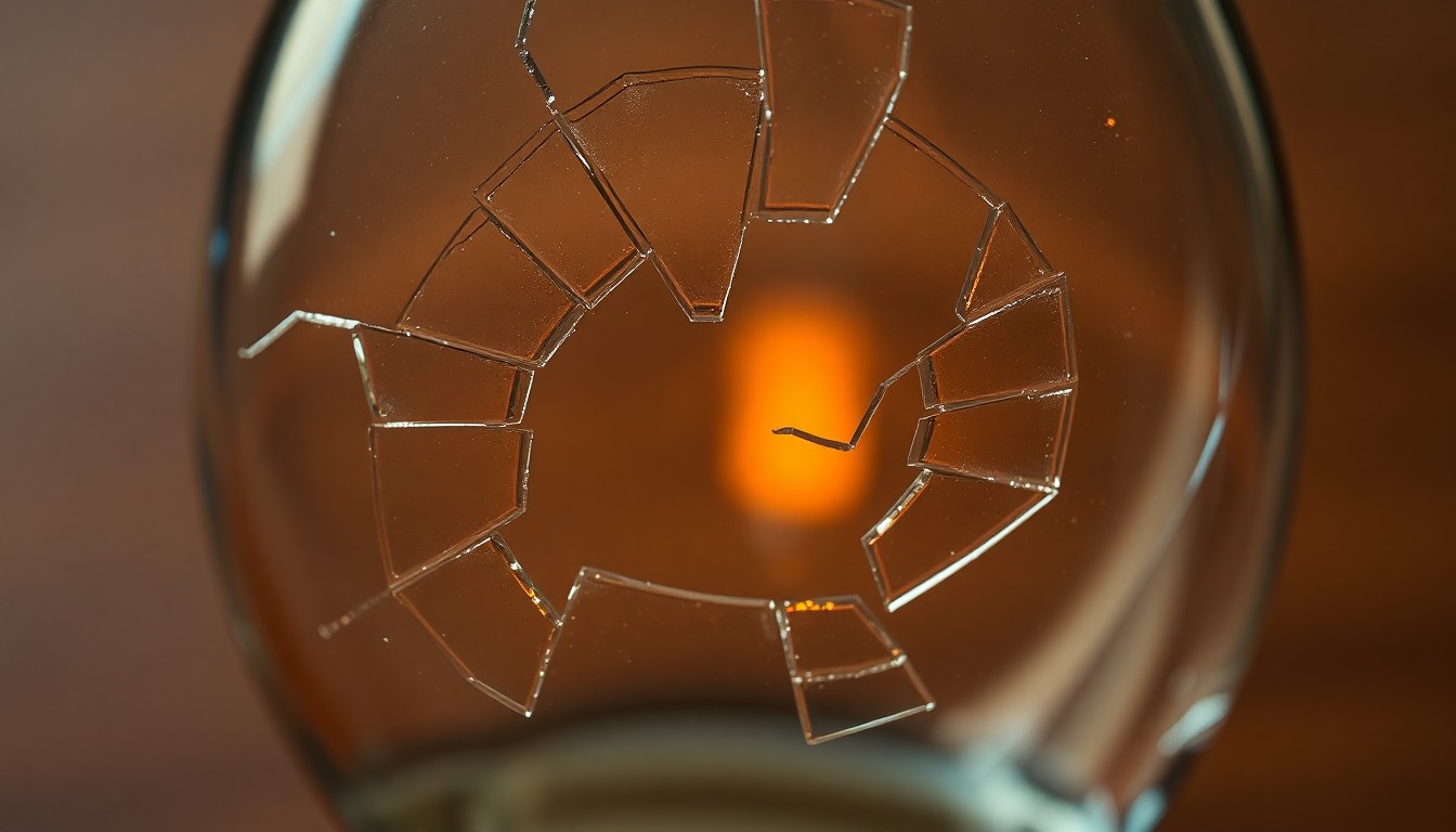 An extreme close-up photograph of the intricate, textured surface of a shattered glass laboratory beaker, with warm, amber-colored light reflecting off the jagged edges, creating a visually striking and conceptually meaningful image.
