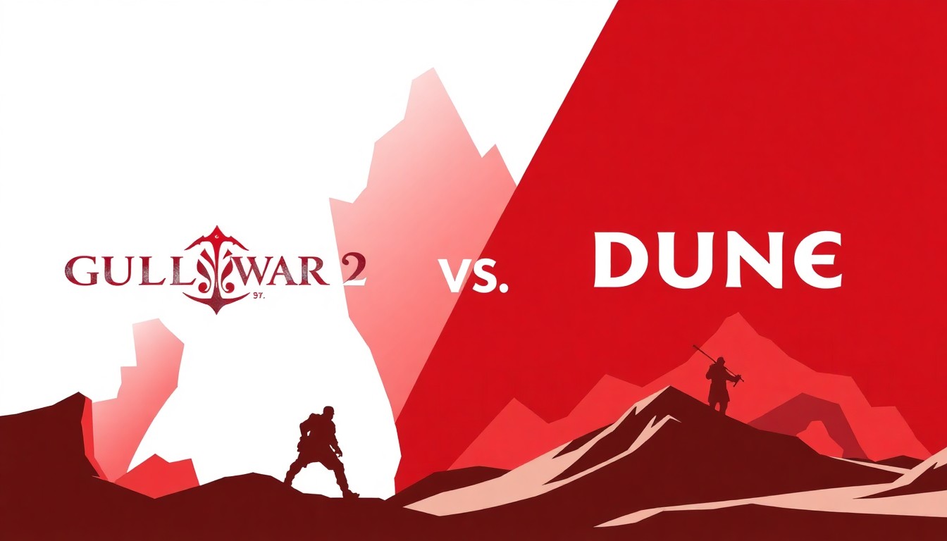 A bold, abstract illustration featuring stark, jagged geometric shapes in red and white, conceptually representing the competition between two prominent MMORPG titles for the prestigious game of the year award.