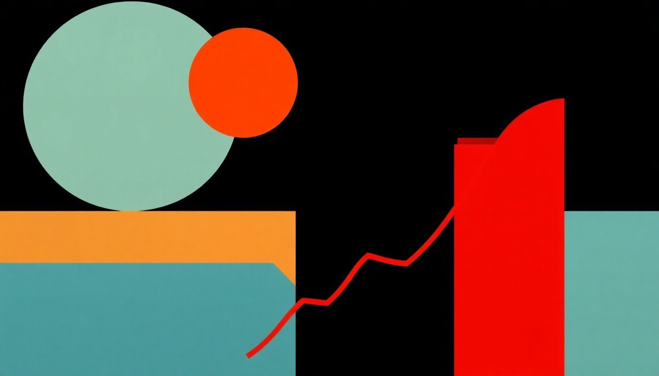 A vibrant, abstract illustration composed of overlapping triangles and circles in shades of blue, red, and yellow, conveying the complex and multifaceted nature of the US economy's employment data.
