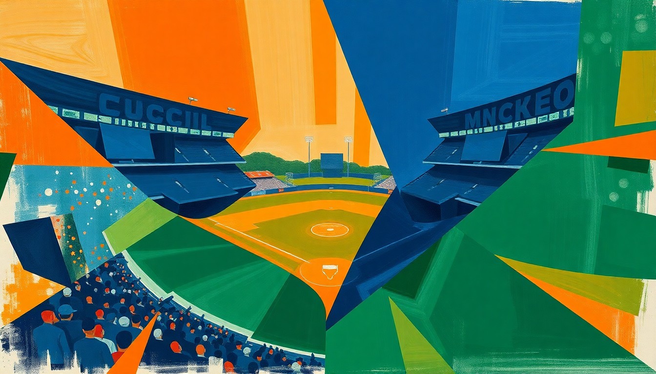 A fragmented, geometric painting depicting the dynamic movements and energy of a college baseball game, with sharp planes of orange, blue, and green colliding in an abstract composition.