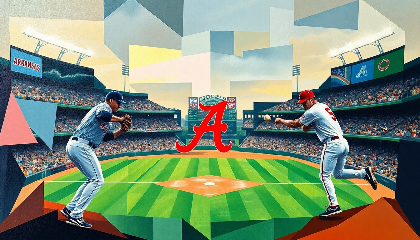 A cubist, geometric painting depicting an abstracted baseball game between Arkansas and Alabama, with the players' forms broken down into sharp, overlapping shapes in a vibrant color palette.