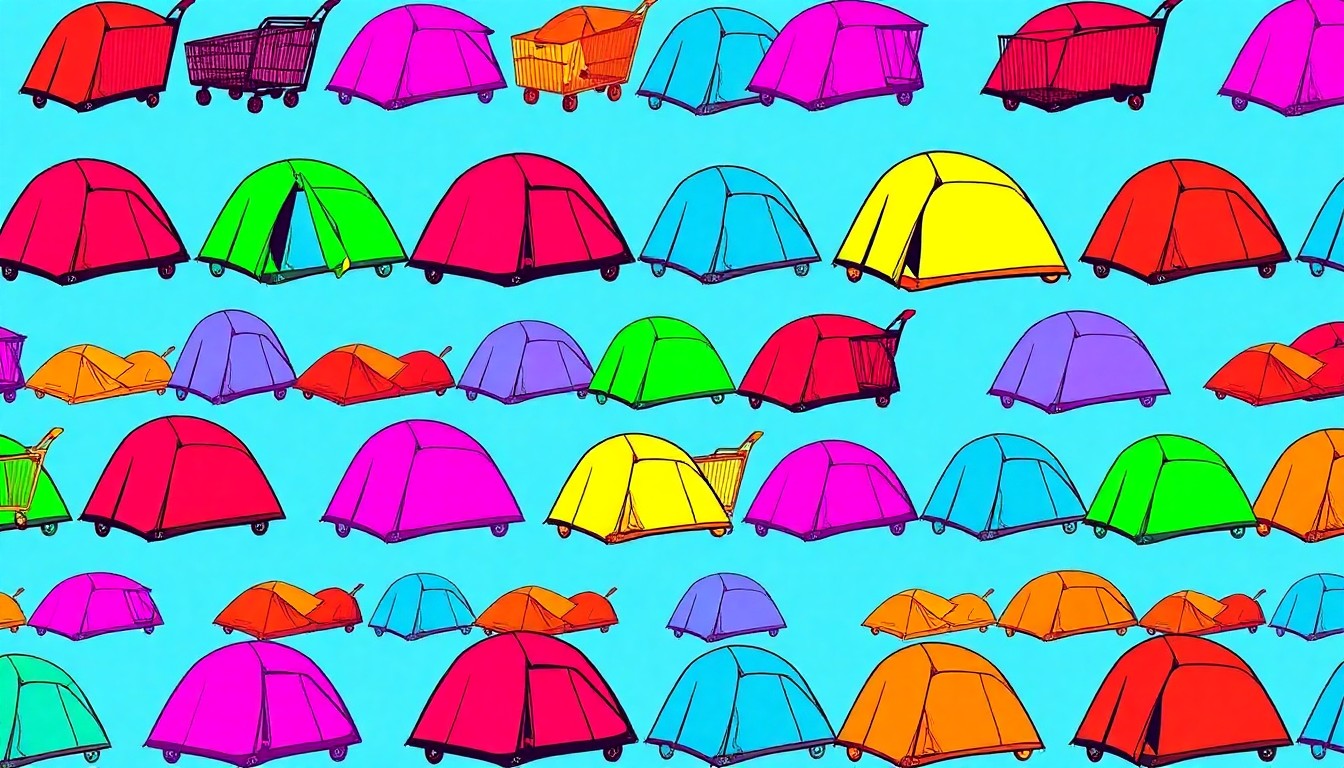 A high-contrast, brightly colored silkscreen print of a shopping cart repeated in a grid pattern, conceptually representing the homelessness crisis in Skid Row.