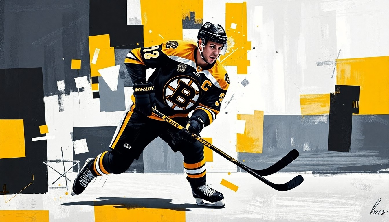 A fragmented, geometric painting depicting a hockey player in motion, using the Bruins' team colors of black, gold, and white to create a dynamic, abstract representation of the sport.