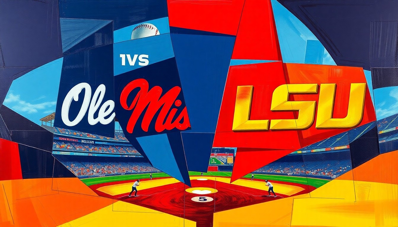 A cubist, geometric painting depicting a baseball game in progress, with sharp, overlapping planes of color representing the action on the field.