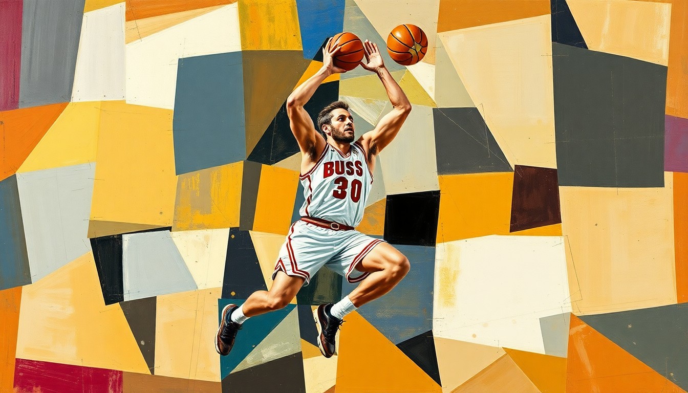 A fractured, cubist-style painting depicting Chet Holmgren's defensive impact, with sharp, overlapping geometric shapes and planes representing his shot-blocking ability and defensive presence on the court.