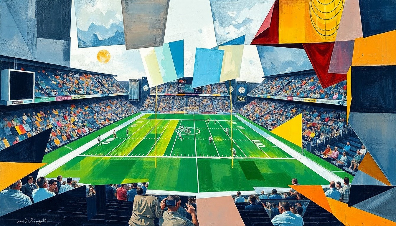 A fragmented, cubist-style painting depicting a football game broken down into sharp, angular geometric shapes and planes, conveying the strategic challenges facing the Chargers as they aim to construct a championship-caliber roster around their young quarterback.