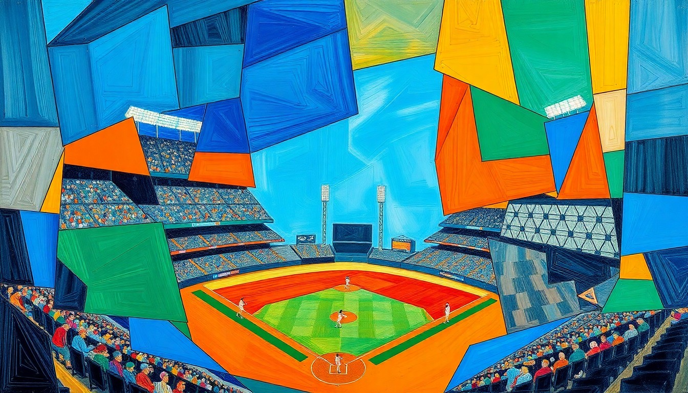 A cubist, geometric illustration depicting a baseball game in motion, with overlapping planes of color and shape representing the dynamic action on the field.