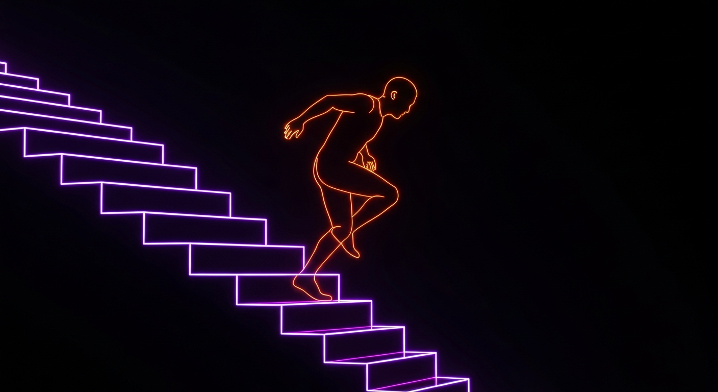 A glowing neon outline of a person climbing stairs, the stairs and figure defined by vibrant, electric lines against a dark background, conceptually representing the energy and determination of the Fight For Air Climb event.