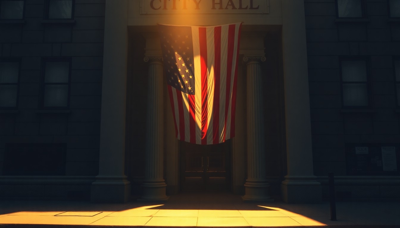A warm, nostalgic painting depicting the entrance to a city hall building, with an American flag draped over the doorway and the building bathed in soft, diagonal sunlight and deep shadows, conveying a sense of civic pride and reverence for military service.