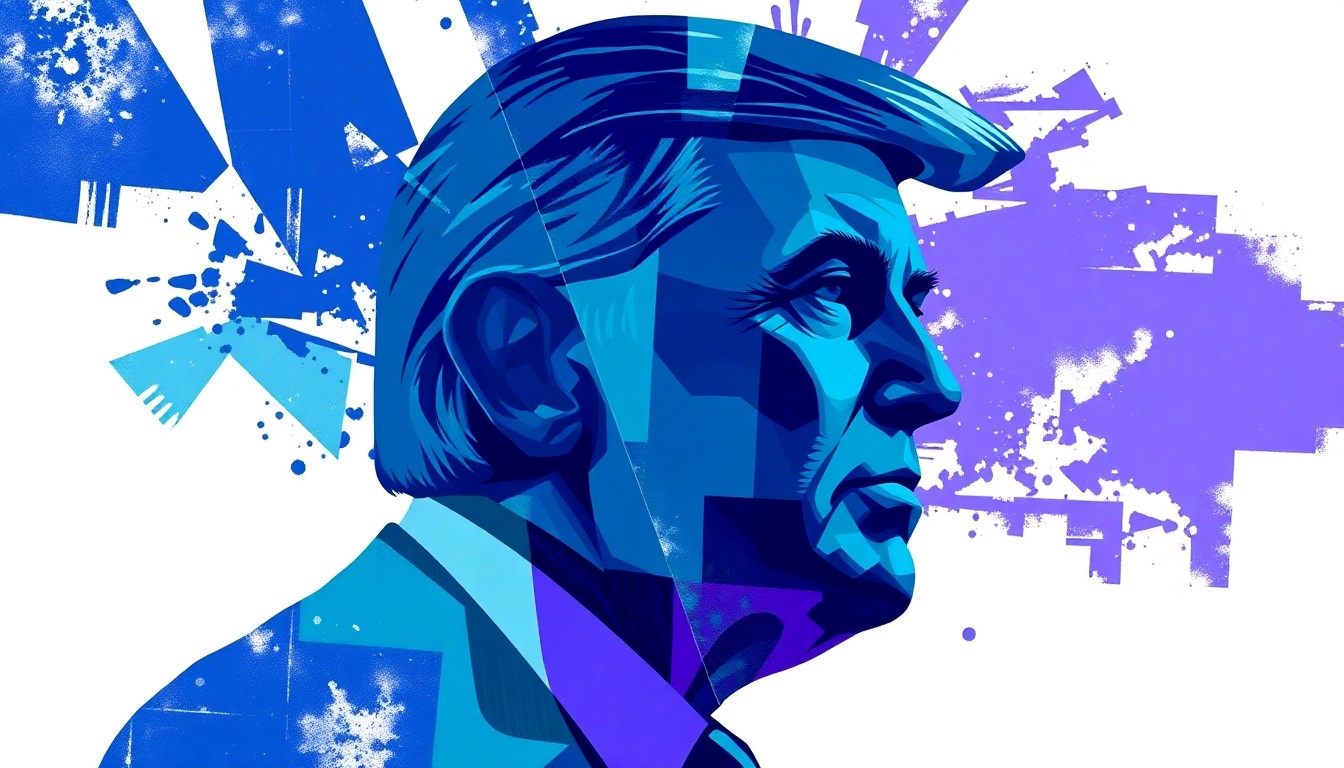 A dynamic, abstract painting with overlapping geometric shapes in shades of blue and violet, conceptually representing the turbulence and uncertainty surrounding the allegations against a politician.