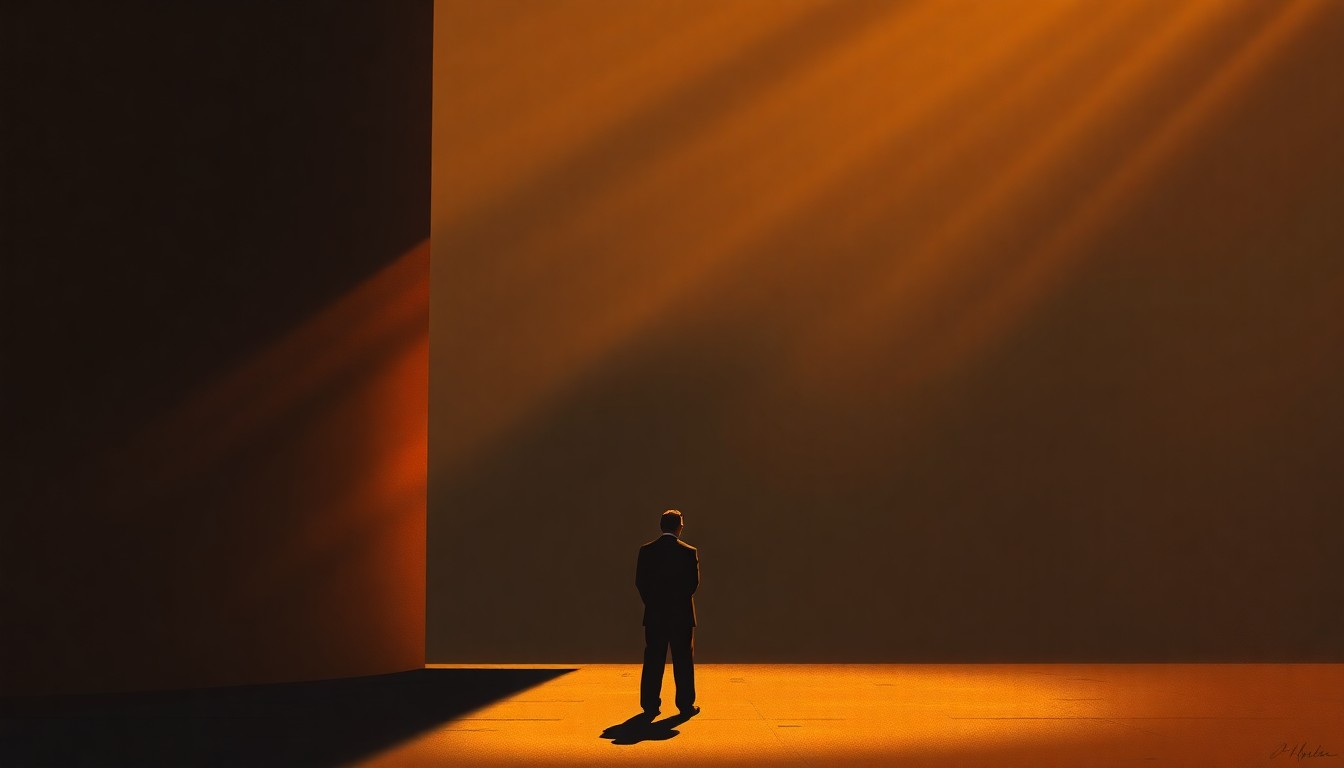 A dimly lit, cinematic painting depicting a lone government building or political figure in a state of quiet contemplation, with warm sunlight casting dramatic shadows across the scene.