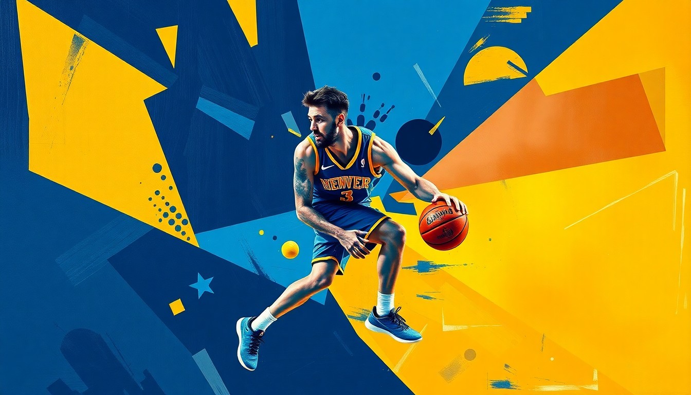 A cubist, geometric painting depicting Nikola Jokic's basketball movements and court presence, with sharp, overlapping planes in the Nuggets' team colors of navy blue, gold, and powder blue, conceptually representing the strategic decisions behind his limited playing time in the final game.