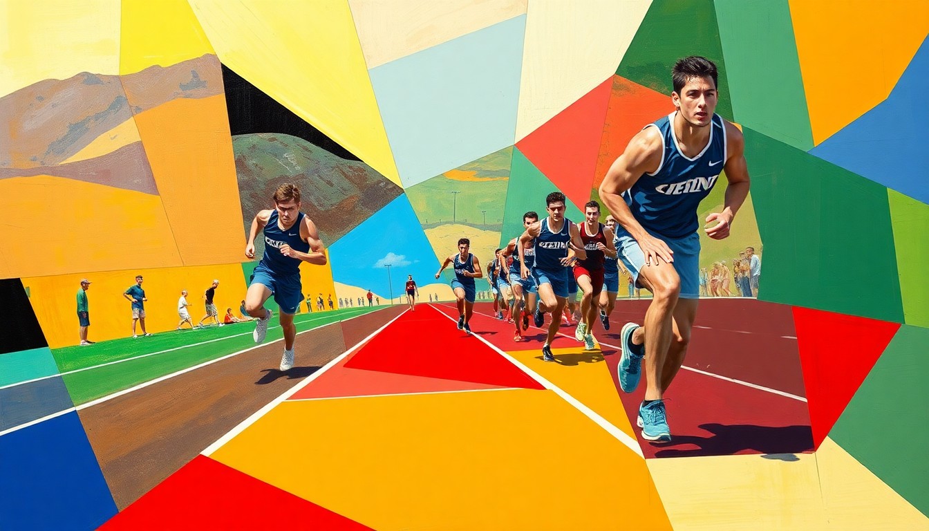 A fractured, multi-perspective painting in bold, overlapping geometric shapes and planes in the official team colors of Rock Springs, Green River, and Farson-Eden High Schools, conceptually representing the competitive energy and talent on display at the Puncher Invite track and field meet.