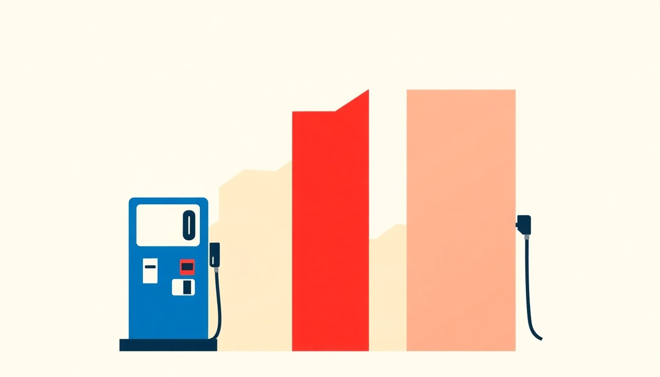 A geometric composition of overlapping triangles and rectangles in shades of red, blue, and yellow, conceptually representing the financial strain of rising gas prices on consumers.