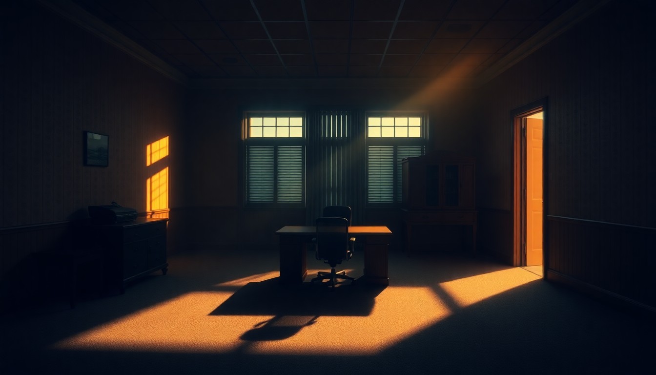 A dimly lit, cinematic government office with a lone desk and chair, the space bathed in warm, diagonal sunlight and deep shadows, conceptually representing the shifting political landscape in the California governor's race.