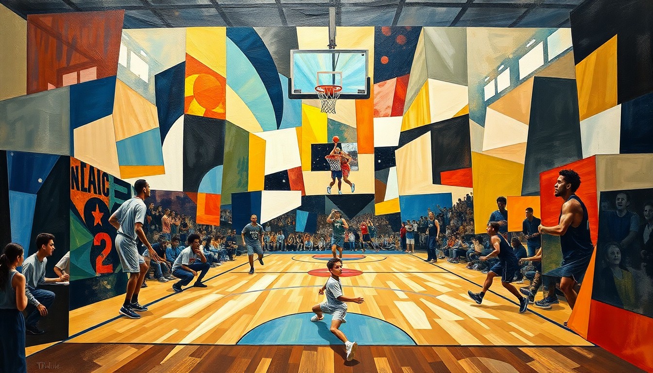 A cubist-style painting depicting a fragmented basketball court with overlapping geometric shapes and lines, representing the uncertainty and transition surrounding BYU's frontcourt after the transfer of its starting center.