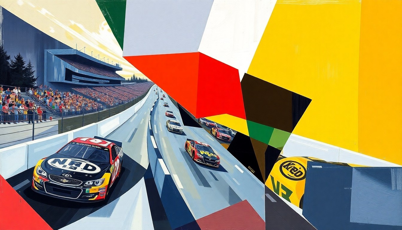 A fractured, multi-perspective painting featuring sharp, overlapping geometric planes of color representing the intense on-track action of a NASCAR race at Bristol Motor Speedway.