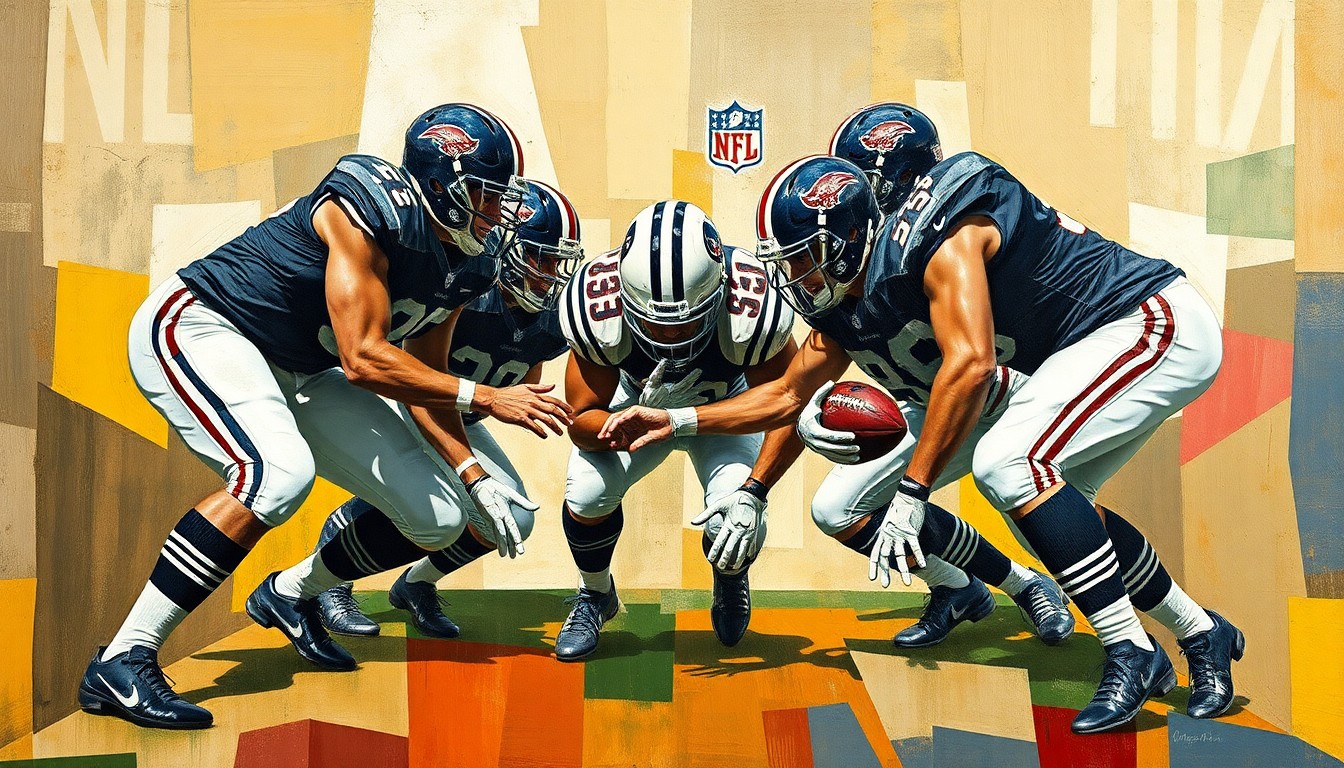 A fragmented, cubist-style painting depicting an NFL offensive line, with players and equipment broken down into abstract geometric shapes and planes of color, conveying the complexity and importance of building a strong offensive front.