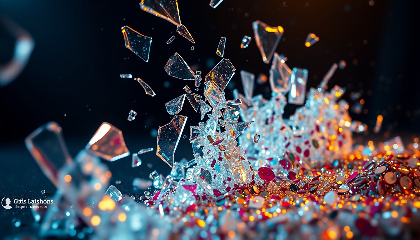 An extreme close-up photograph of shattered glass and glittering sequins in dramatic, high-contrast studio lighting, conceptually representing the nuanced portrayal of relationships in the TV series 'Girls'.