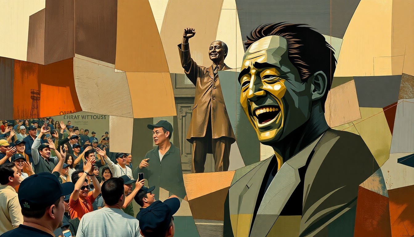 A fractured, cubist-style painting depicting the moment the Ichiro Suzuki statue broke during its unveiling, with the shattered bronze figure, the crowd's reaction, and Ichiro's laughter all represented as fragmented, angular shapes in an earthy color palette.