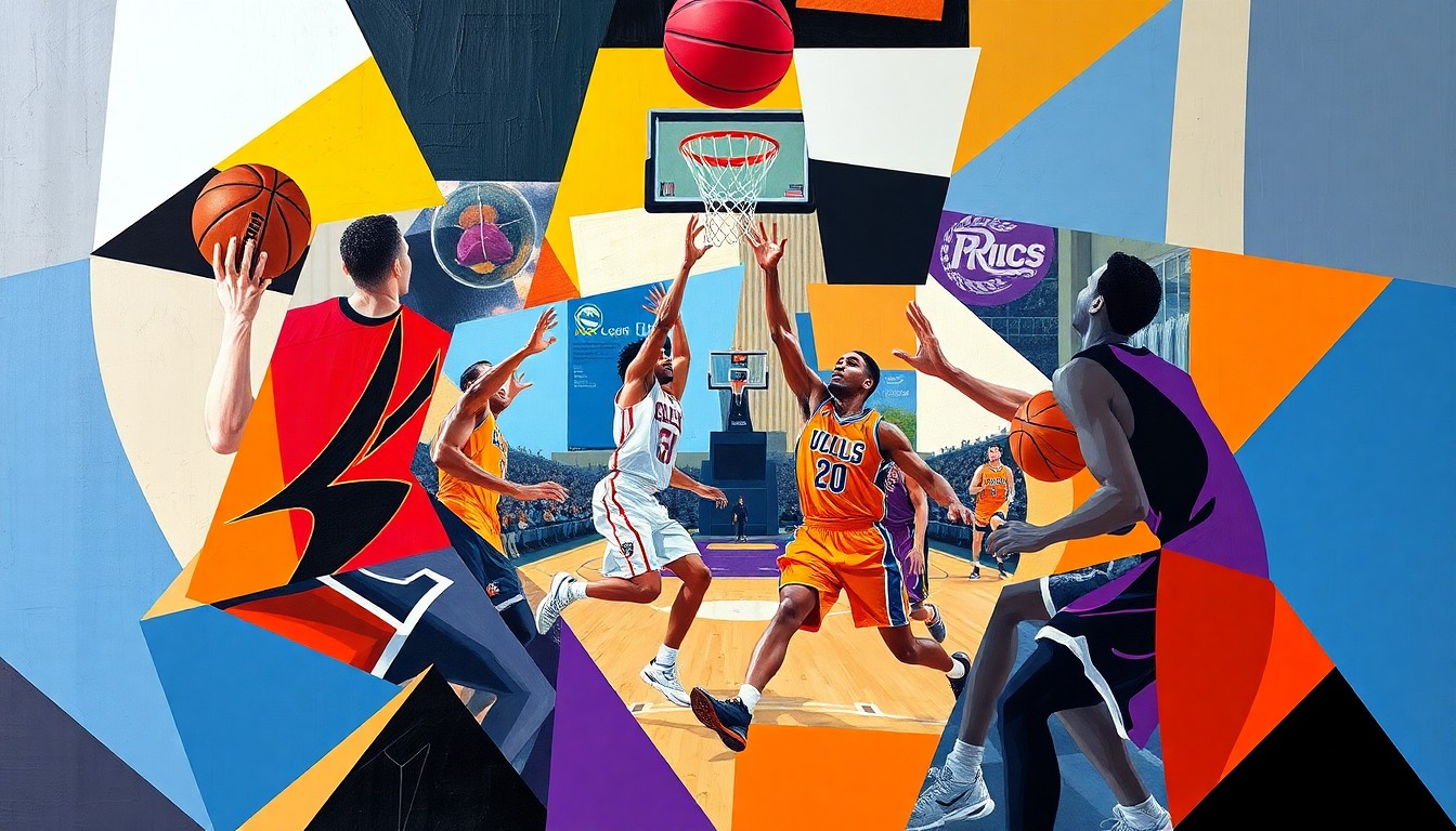 A cubist, geometric painting depicting the abstract forms of basketball players in motion, with vibrant orange and purple shapes representing the team colors.