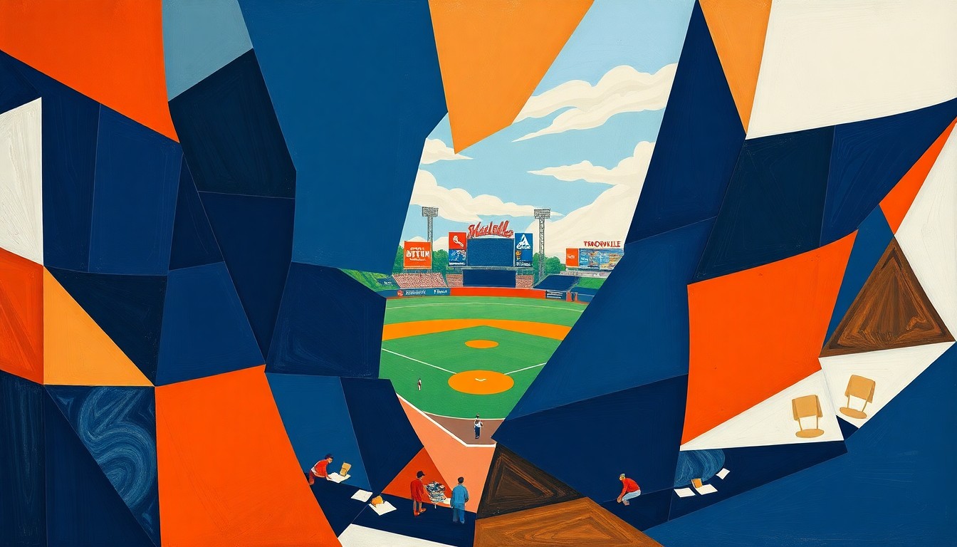 A cubist, geometric painting depicting a baseball game in progress, with overlapping planes of navy blue, orange, and white representing the players, field, and stadium elements.