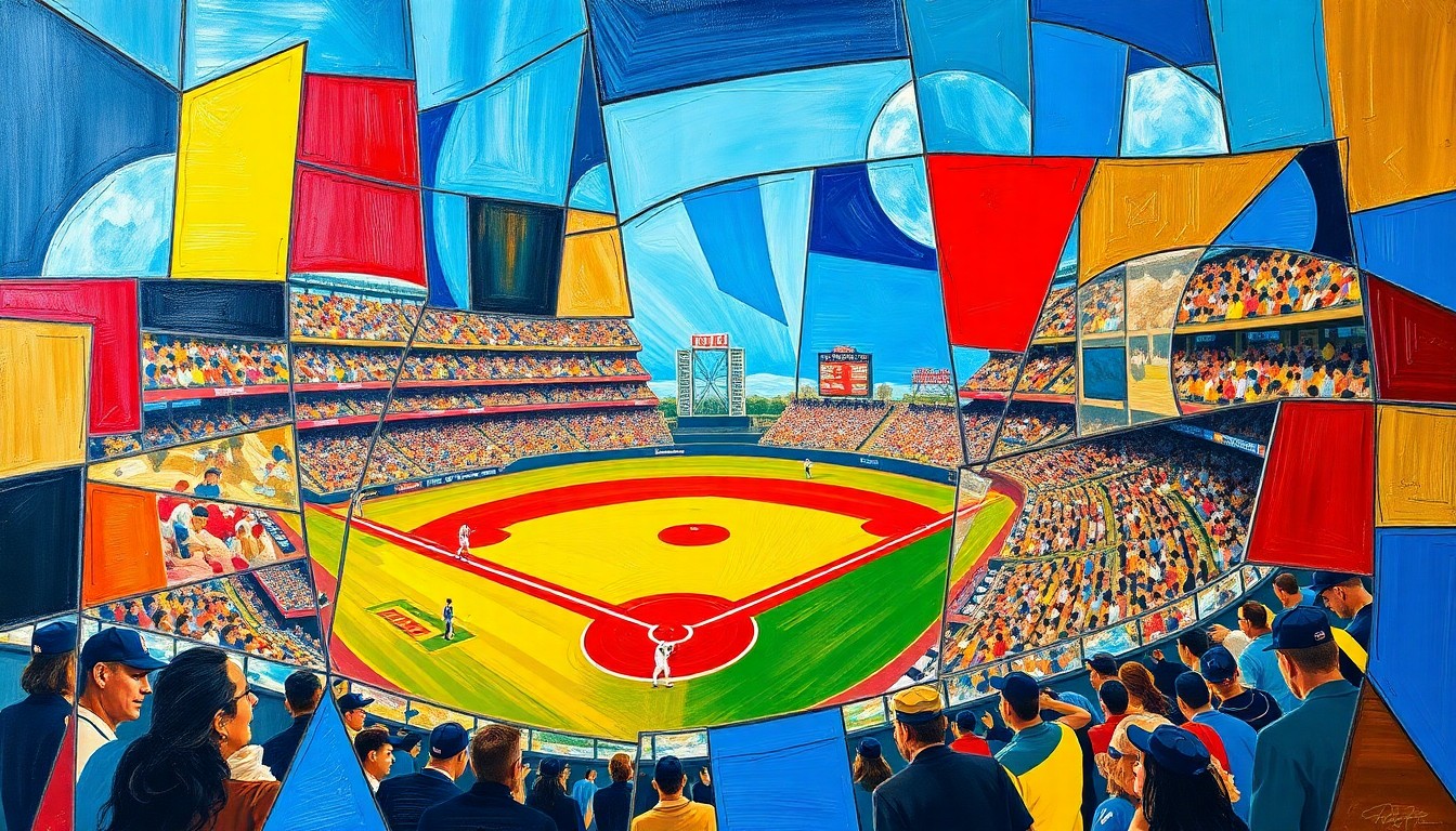 A fragmented, geometric painting depicting the dynamic movements and energy of a baseball game, with sharp planes of color and overlapping perspectives.