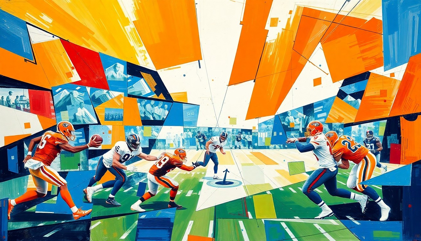 A cubist, geometric painting depicting a football quarterback in motion, with sharp, overlapping planes of color representing the dynamic action of the game.