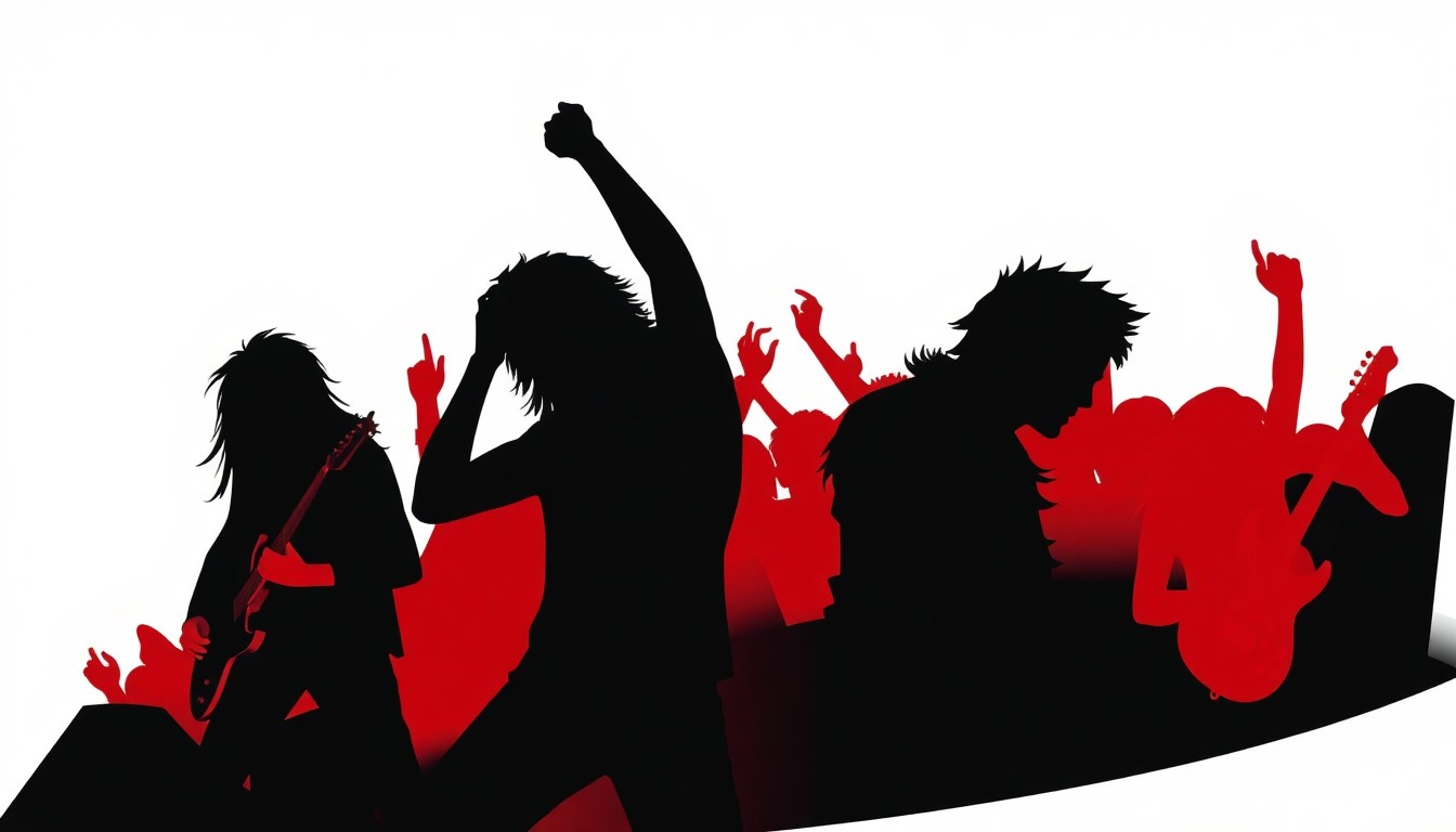 An abstract, minimalist illustration in the style of Saul Bass, featuring bold, jagged shapes and silhouettes in high-contrast colors, conceptually representing the energy and community of the heavy metal music scene in Sydney.