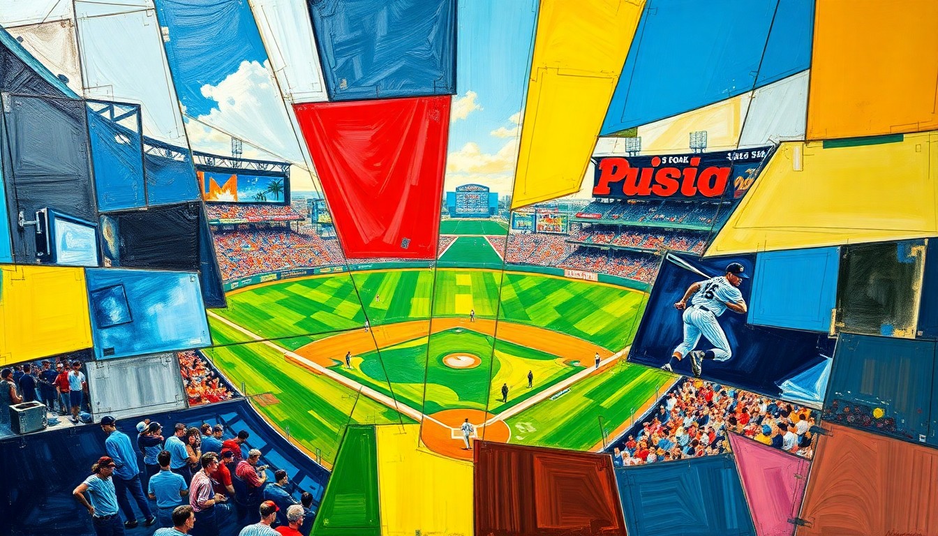 A fragmented, geometric painting depicting a baseball game or match, with sharp overlapping planes of color representing the complex dynamics and high-pressure decisions a new manager must navigate.