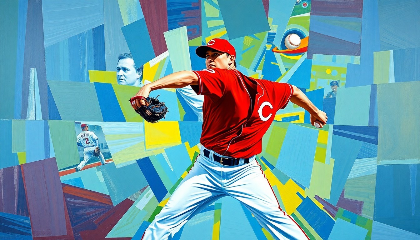 A cubist, geometric painting depicting a baseball pitcher's motion broken down into overlapping planes of bright red, orange, and blue, conveying the disruption and challenges facing the Reds' pitching staff.