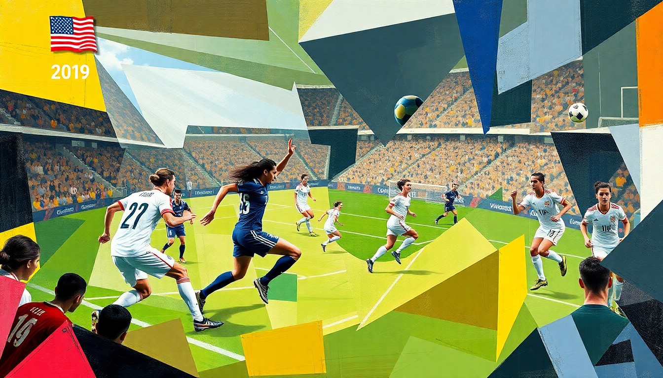 A fractured, multi-perspective painting in the cubist style, depicting the dynamic movements and intensity of a soccer match between the USWNT and Japan, with sharp, overlapping geometric planes and no recognizable figures or text.