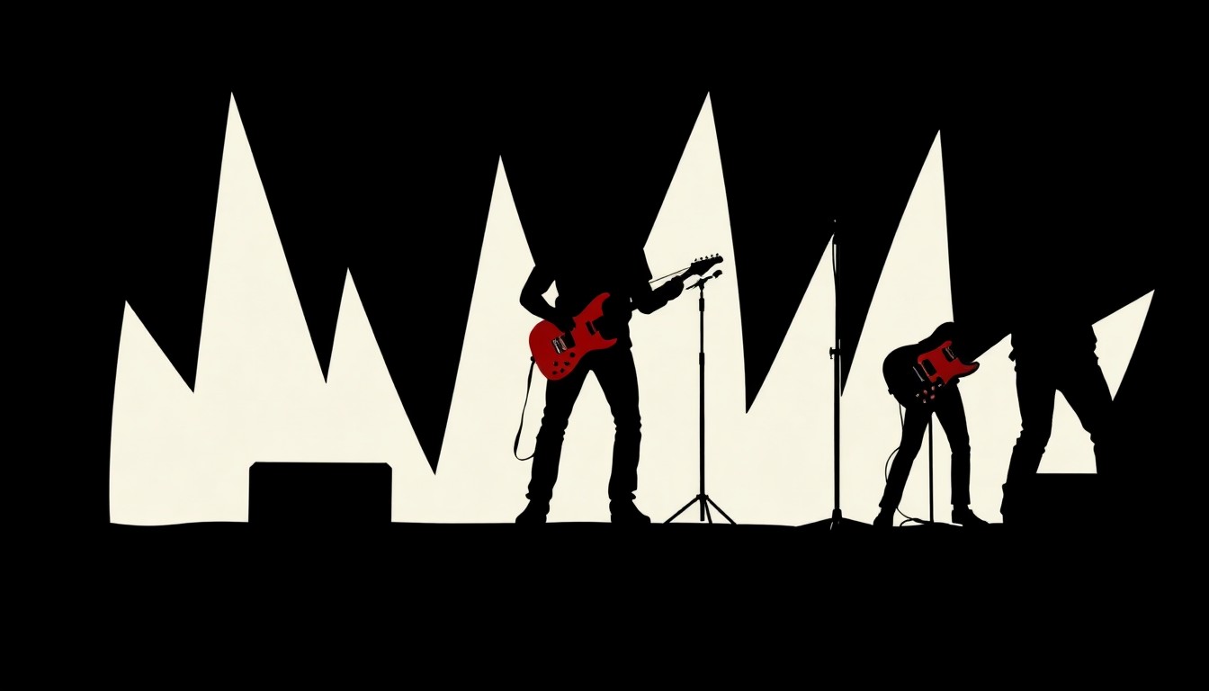 A striking, abstract composition of jagged, geometric shapes in bold red and black, capturing the rebellious spirit of a garage rock band's comeback.
