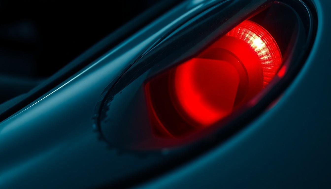 An extreme close-up of a shattered car sensor lens reflecting a faint red light, conceptually illustrating the aftermath of a student being struck by a vehicle during a political protest.