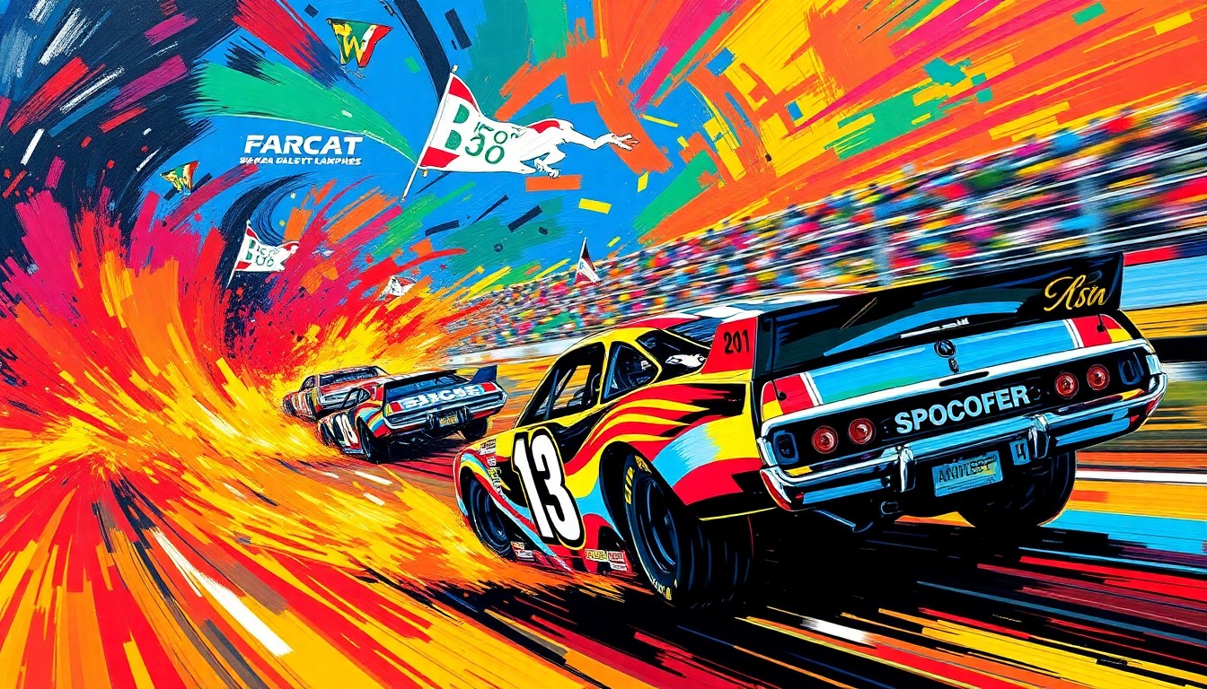 An abstract, energetic painting featuring a late model stock car in motion, with vibrant brushstrokes and neon colors capturing the raw power and speed of the race.
