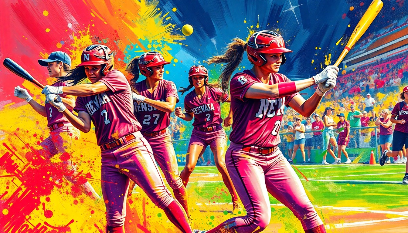 An abstract, expressionist painting in vibrant neon colors depicting the dynamic motion and energy of a Nebraska softball player swinging a bat, with the details of the player's face and uniform blurred into unrecognizable splatters of paint.