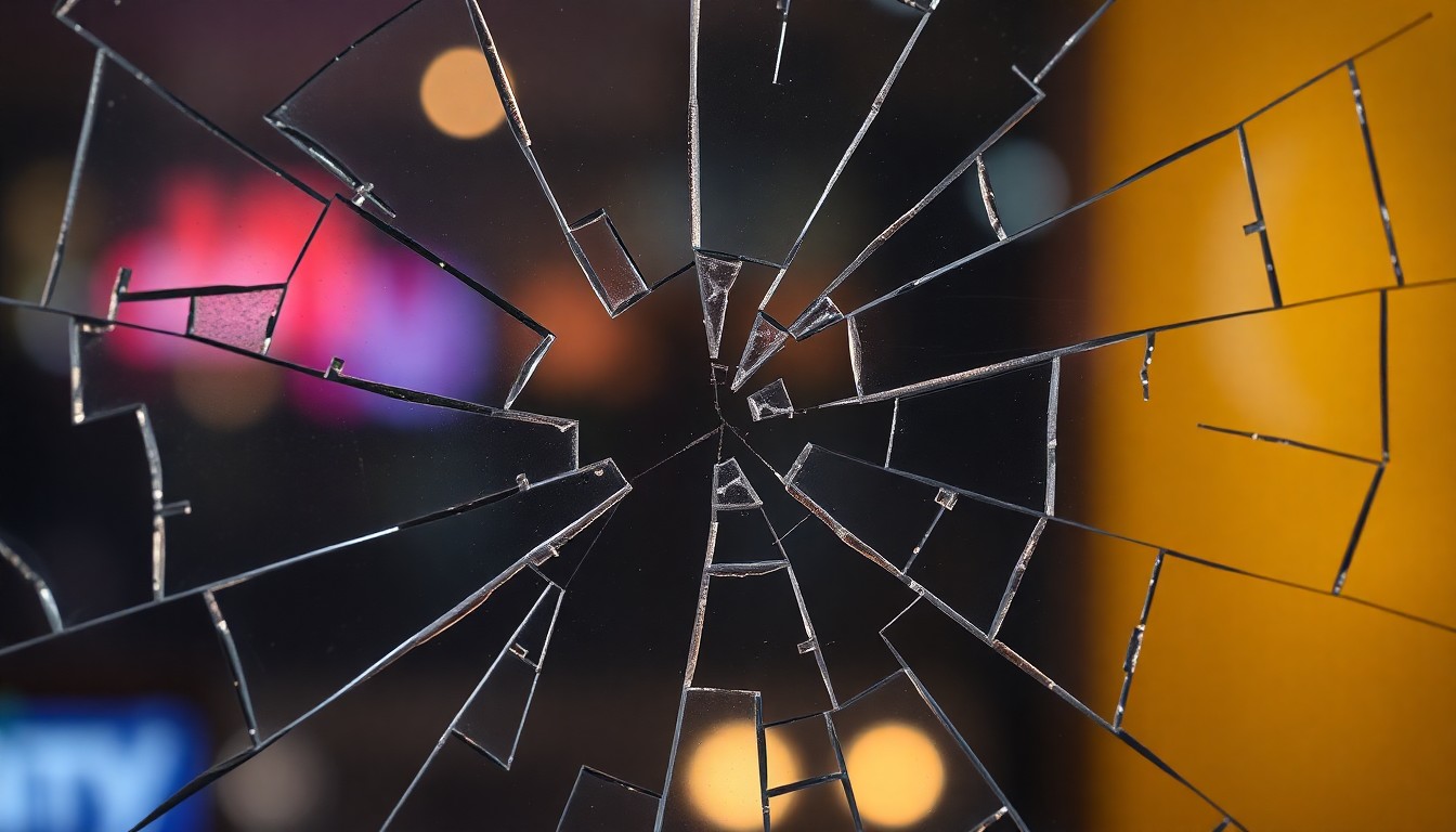 An abstract, high-contrast close-up photograph of a shattered glass surface reflecting a faint, glowing light, conceptually representing the fragility and uncertainty surrounding the future of the Today show in the absence of its anchor, Savannah Guthrie.