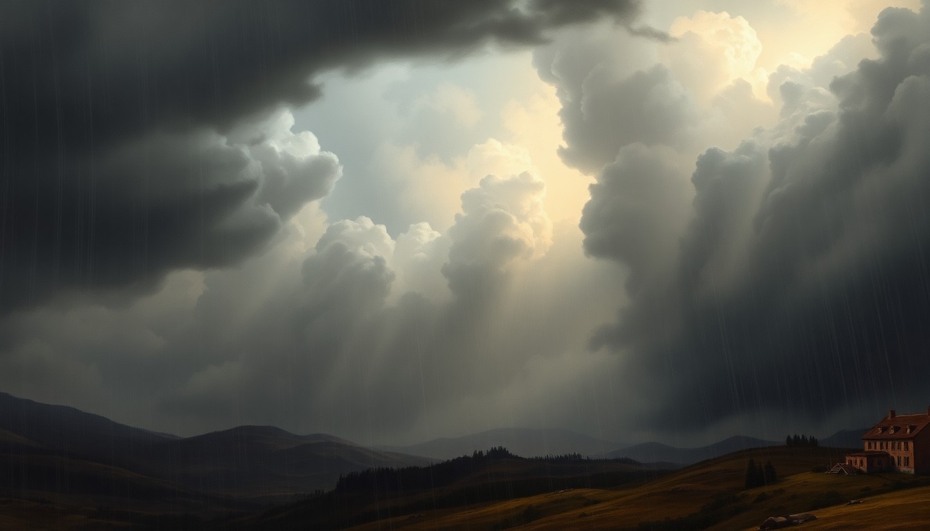 A vast, atmospheric landscape painting depicting a severe storm, with heavy rain and dark, ominous clouds dominating the scene and dwarfing any physical structures or objects in the frame. The composition conveys a sense of the overwhelming, sublime scale of the natural world.