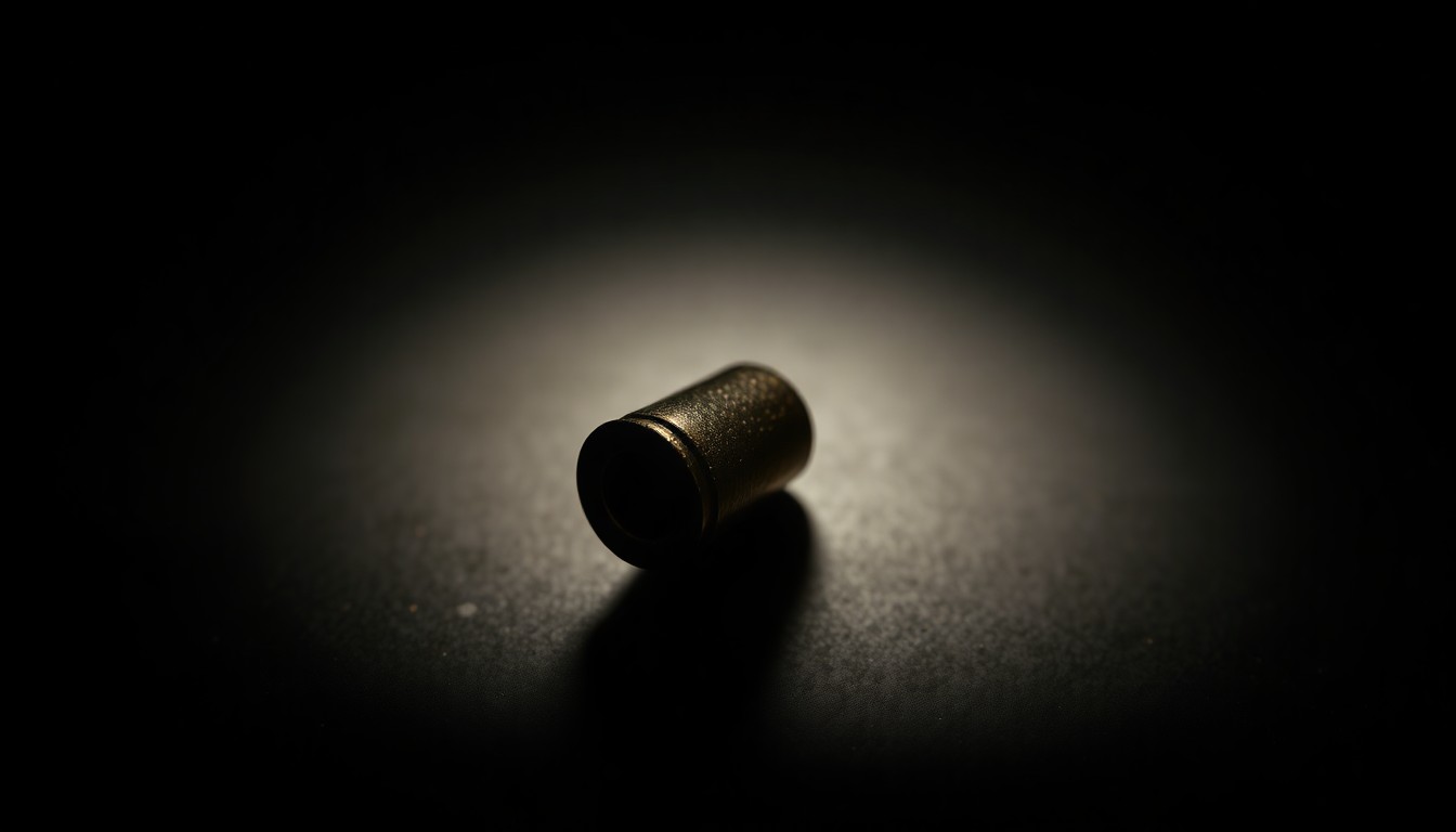 An extreme close-up of a 9mm shell casing on a dark surface, capturing the stark, gritty details of the metal and creating a sense of the investigative nature of this crime scene.