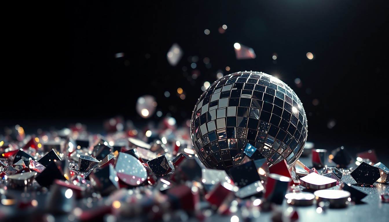 An extreme, abstract close-up photograph of shattered glass fragments from a disco ball, reflecting dramatic studio lighting to create a high-contrast, glamorous texture that conceptually represents the vibrant world of independent filmmaking.