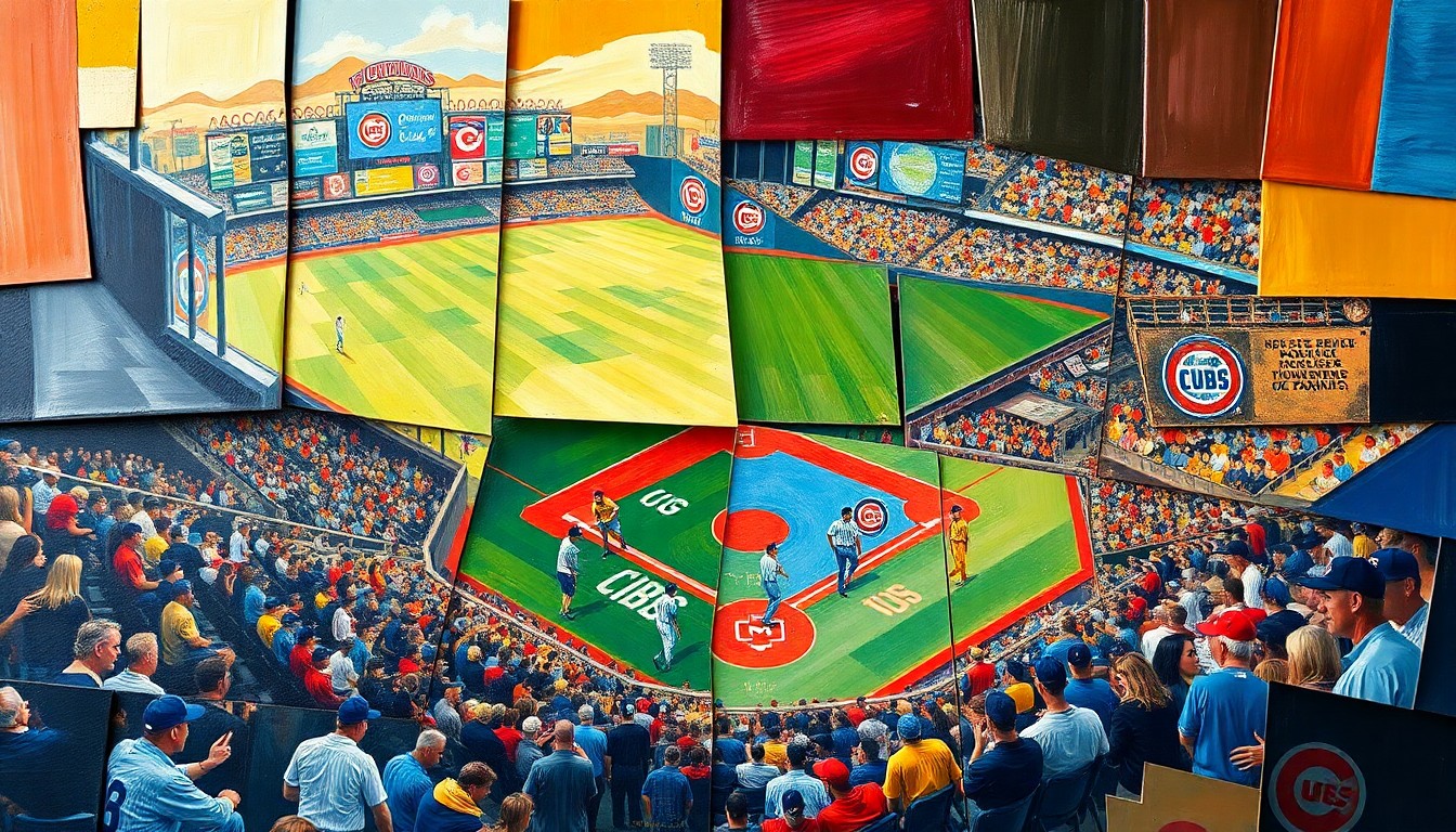 A fragmented, geometric painting depicting a baseball game in motion, with players and the field broken down into sharp, overlapping shapes and planes, conveying the energy and strategy of the sport.