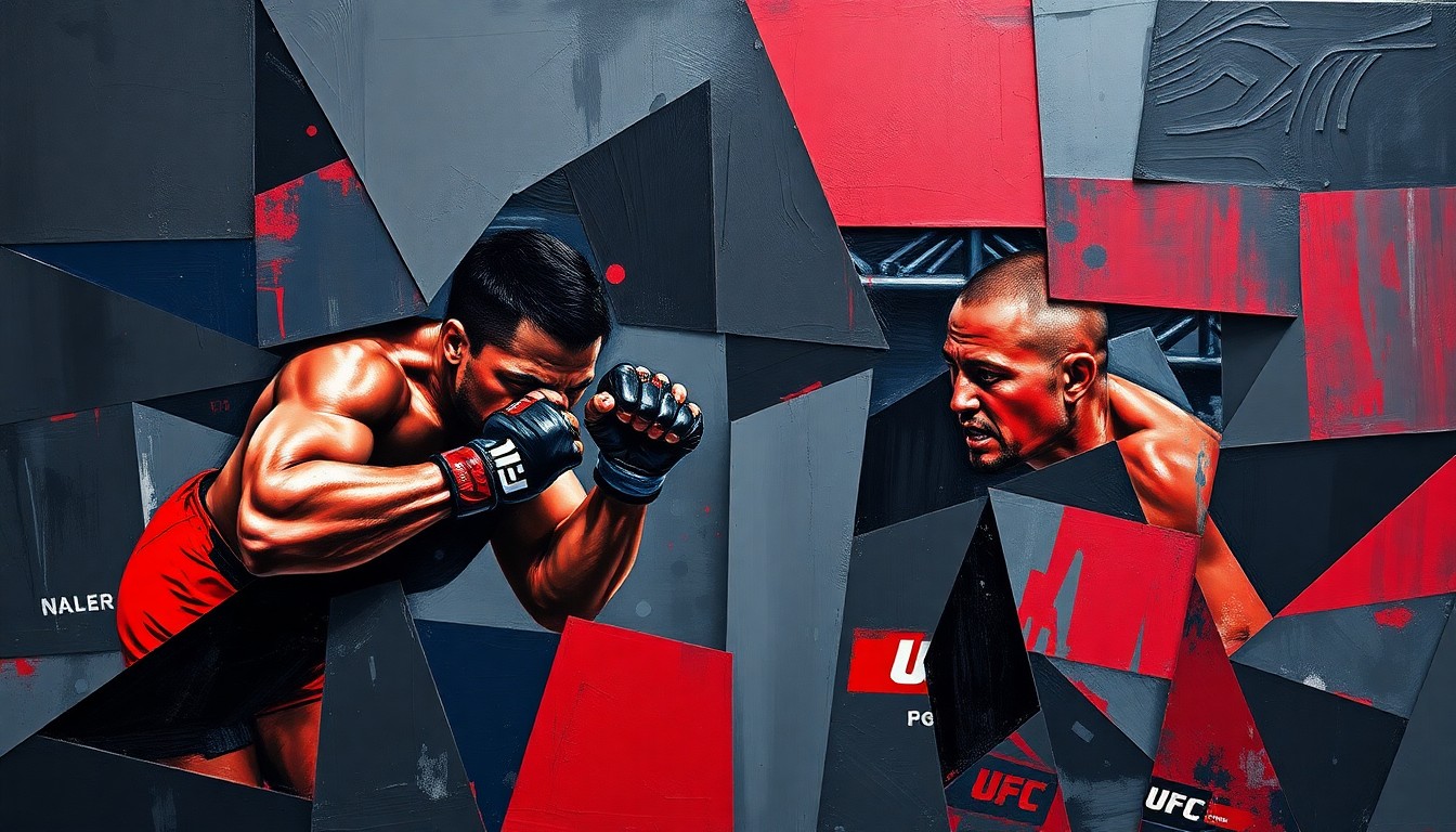 A fragmented, cubist-style painting depicting the chaotic action of a UFC fight, with sharp geometric shapes and planes in dark, intense colors representing the competitive nature of the sport.