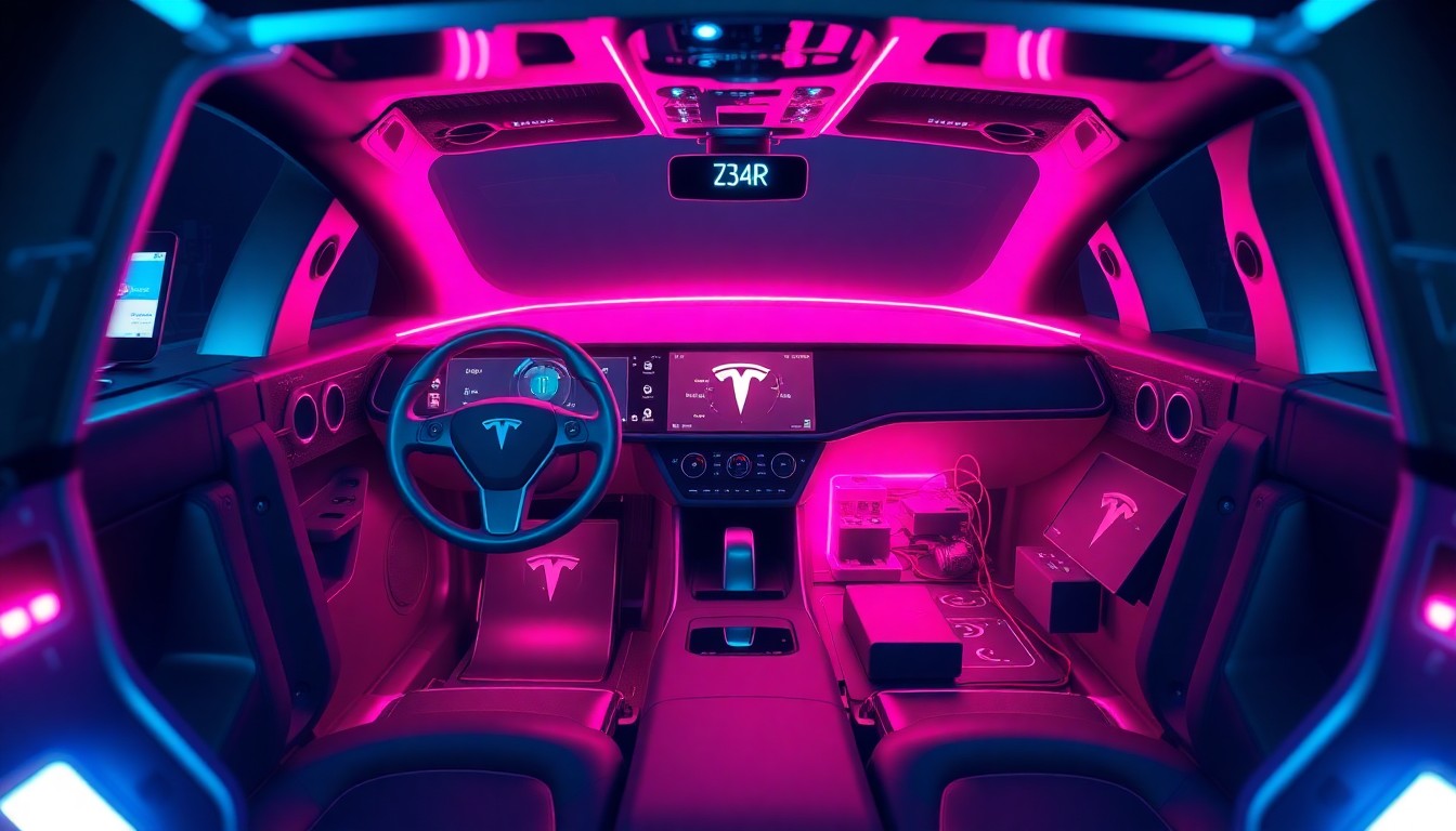 A highly detailed, glowing 3D illustration of the internal components and sensors of a Tesla Cybercab vehicle, bathed in neon cyan and magenta lights, conveying the complex, high-tech nature of the autonomous driving technology powering the vehicle.